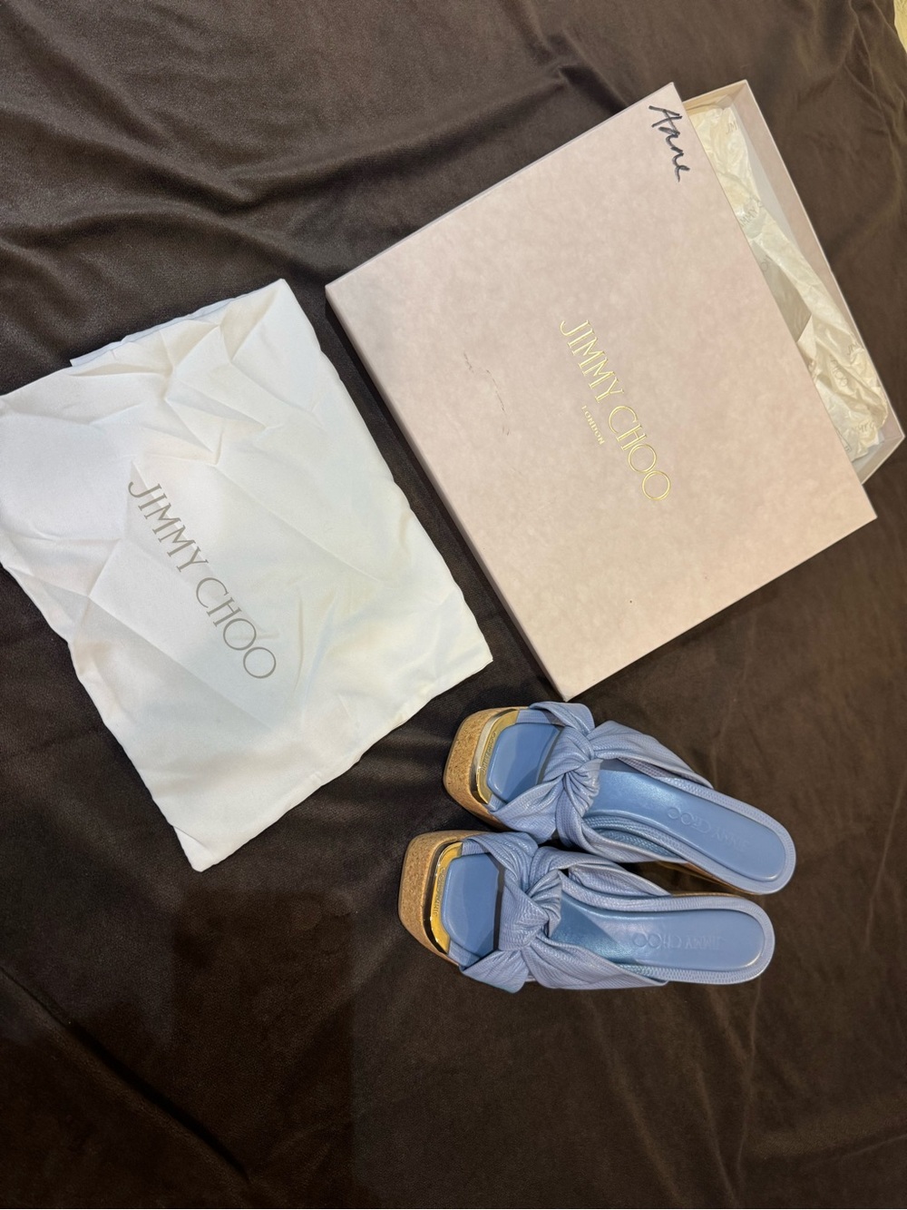 Jimmy Choo Light Blue Knotted Wedge Slide Sandals
